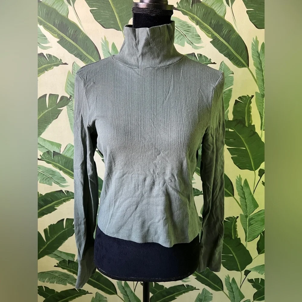 Aerie Womens Dark Green Cropped Ribbed Turtleneck Long Sleeve Top Medium - Picture 2 of 7